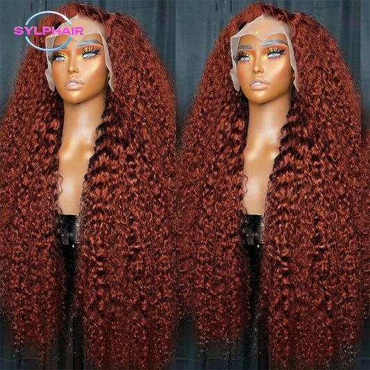 Reddish Brown HD Lace Frontal Human Hair Wig 200 Density Colored Curly Wigs 13x6 Transparent Lace Water Deep Wave Frontal Wig