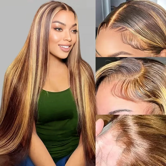 HD Highlight Human Hair Wig p4/27 Straight 13x4 HD Lace Frontal Colored p4/27 Remy Human Hair Wig For Women